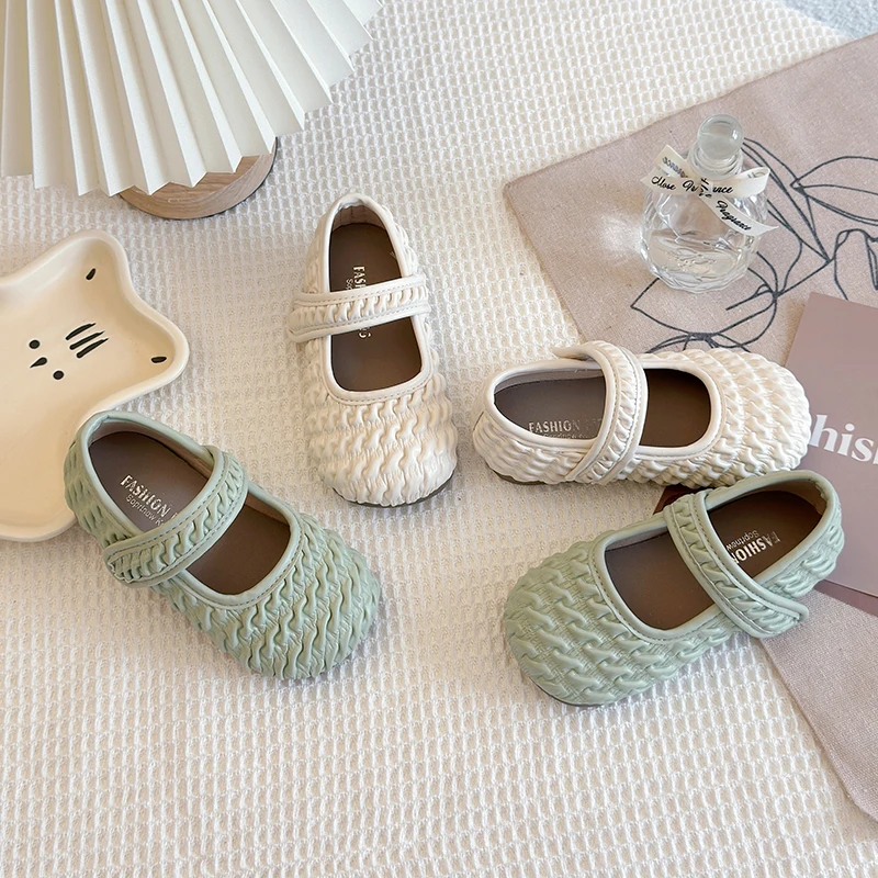 Girl's Princess Shoes Pleated Green Beige Soft Pu Leather Children Flat Shoe Daily Spring Morden Hook-loop Kids Mary Janes