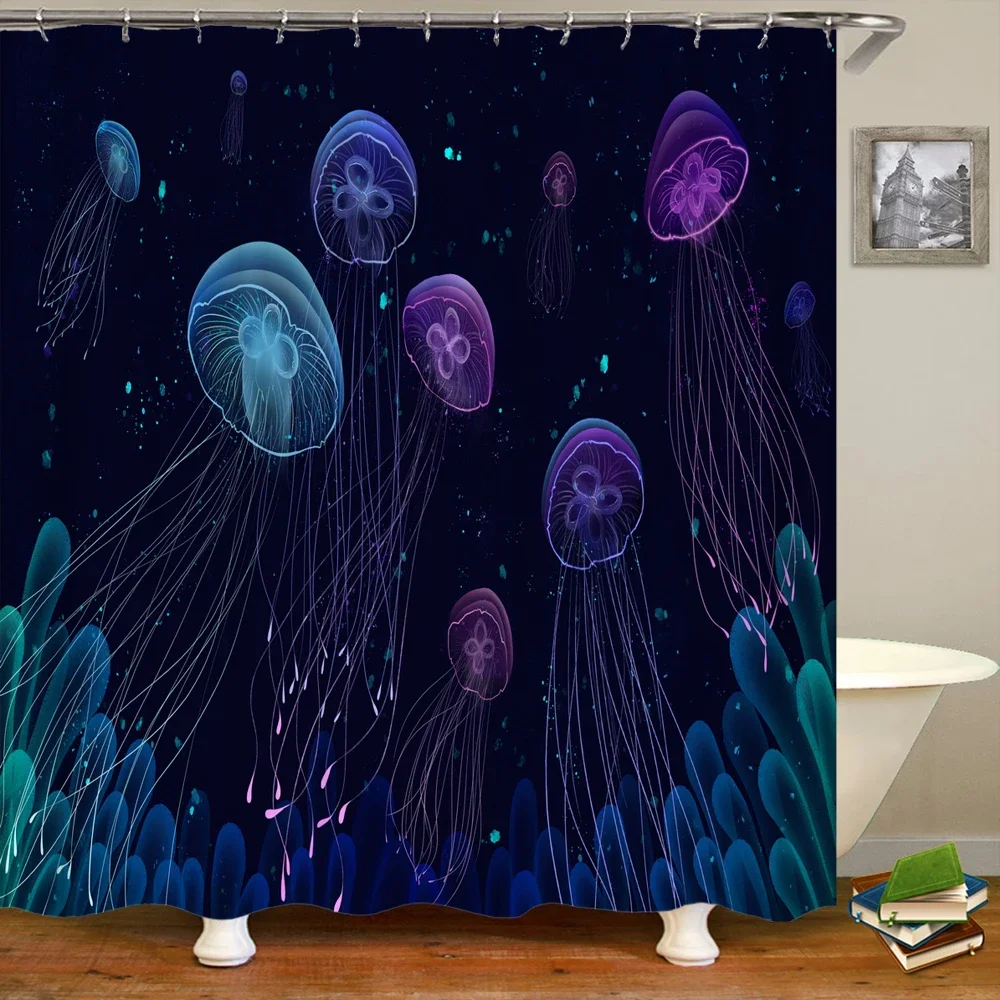 

Занавеска для ванной с 3D-принтом, красивая Водонепроницаемая шторка для душа с изображением медузы и звездного неба, с крючками, для украшения дома
