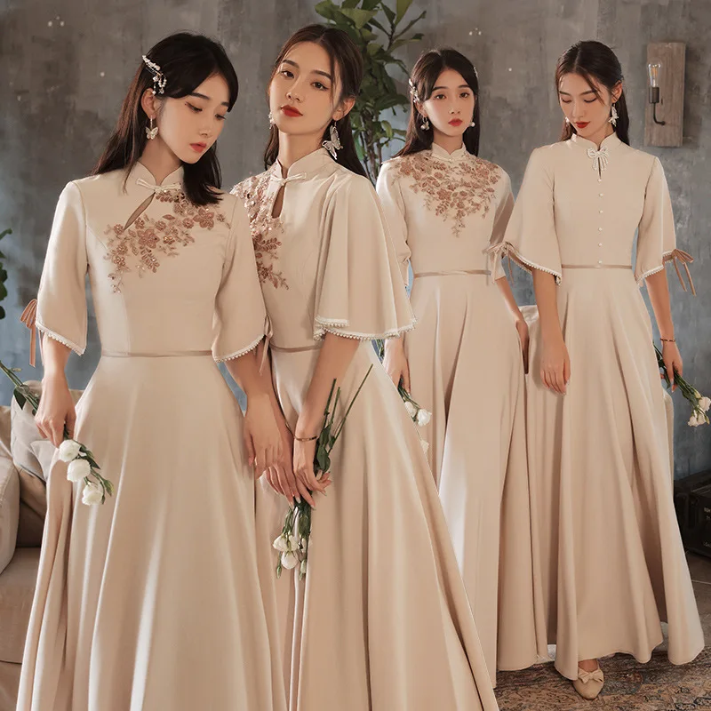 Slim A-line Mandarin Collar Qipao Female Chinese Styles Bridesmaid Dress Appliques Flower Pearl Cheongsam Party Prom Gown Chinese Dress Female Evening Dress