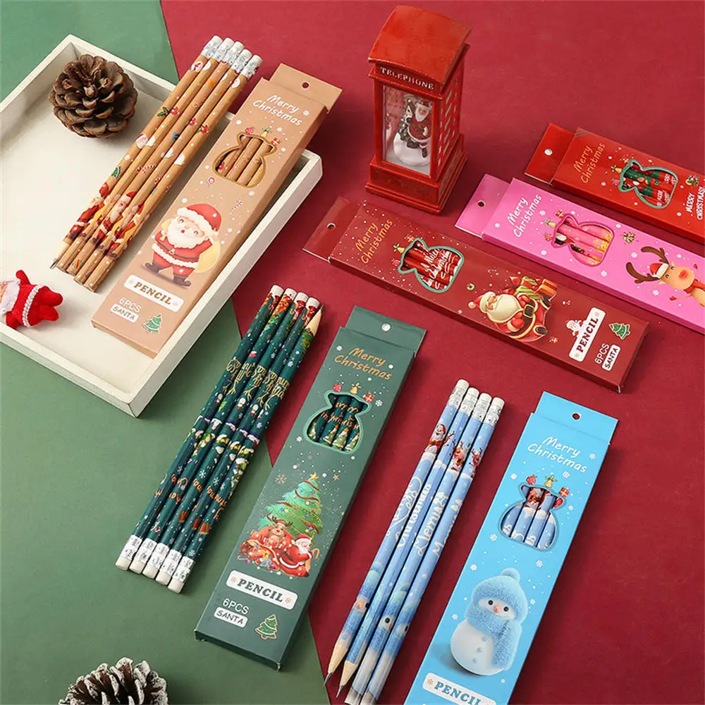 6pcs/Lot Christmas Cartoon Boxed Pencils Student Writing Drawing Sketch Pen Set Wooden HB with Rubber School Office Stationery