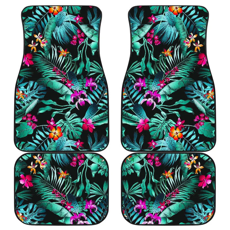 

Teal Tropical Leaf Hawaii Pattern Print Front and Back Car Floor Mats Heavy Carpet Front and Rear Full Set Pack for Car SUV