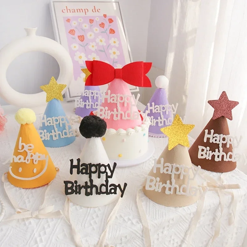 Happy Birthday Felt Hat Bowknot Cone Hats Flower Strawberry Cap Baby's DIY Handmade Crown Cute Party Supplies Adult Kids