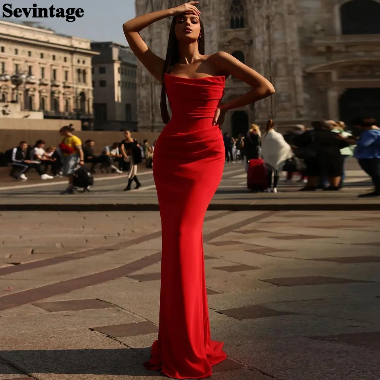 

Sevintage Red Elastic Matt Satin Evening Dresses For Women Strapless Formal Prom Dress Occasion Party Mermaid Night Club Wear