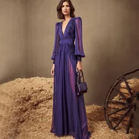 Dark Purple V Neck Long Sleeve Evening Dress Chiffon Pleated Applique Floor Length Beach Party Banquet Women Customized Gown