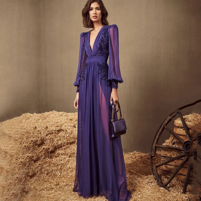 Dark Purple V Neck Long Sleeve Evening Dress Chiffon Pleated Applique Floor Length Beach Party Banquet Women Customized Gown
