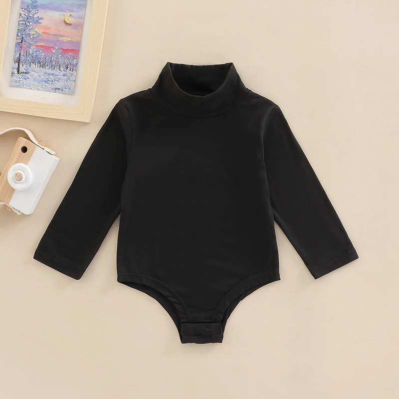 0-24M Baby Boys Girls Romper Toddler Infant Solid Color Long Sleeve Turtleneck High Stretch Bodysuit 3