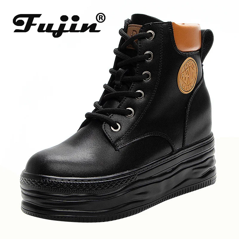 

Fujin 8cm Trend Platform Wedge Chunky Sneakers Genuine Leather Thick Soled Women Spring Autumn Walking Fashion Ankle Boots Shoes