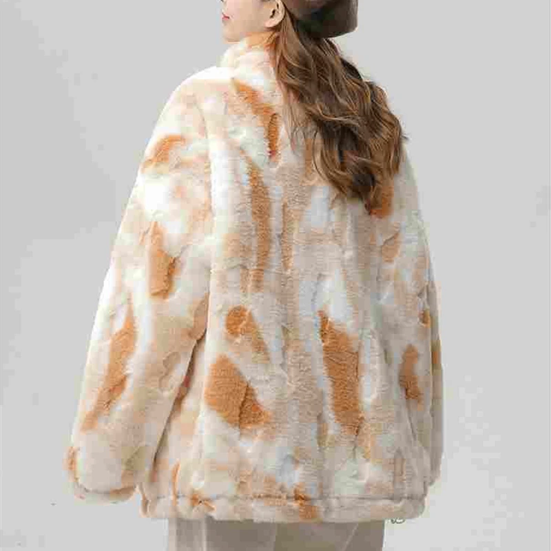 Winter Faux Fur Sweet Style Lamb Wool Jacket Women Short Oversized Tie Dye Zipper Loose Plush Clothing Fashion Warm Outerwear