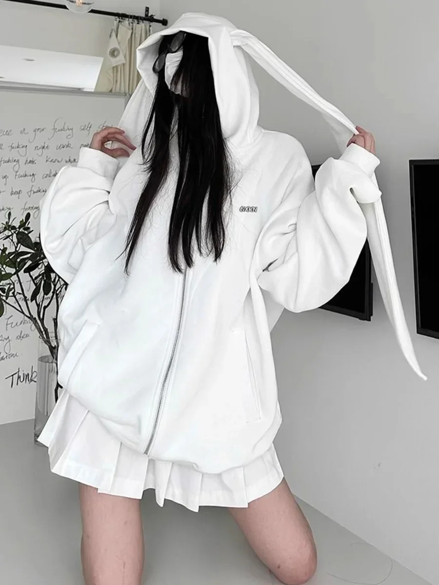 White Hoodies Women Cute Rabbit Hooed Sweatshirt Female Oversized Fashion Casual Zip Coat Lady Autumn Preppy Style Loose Hoodie