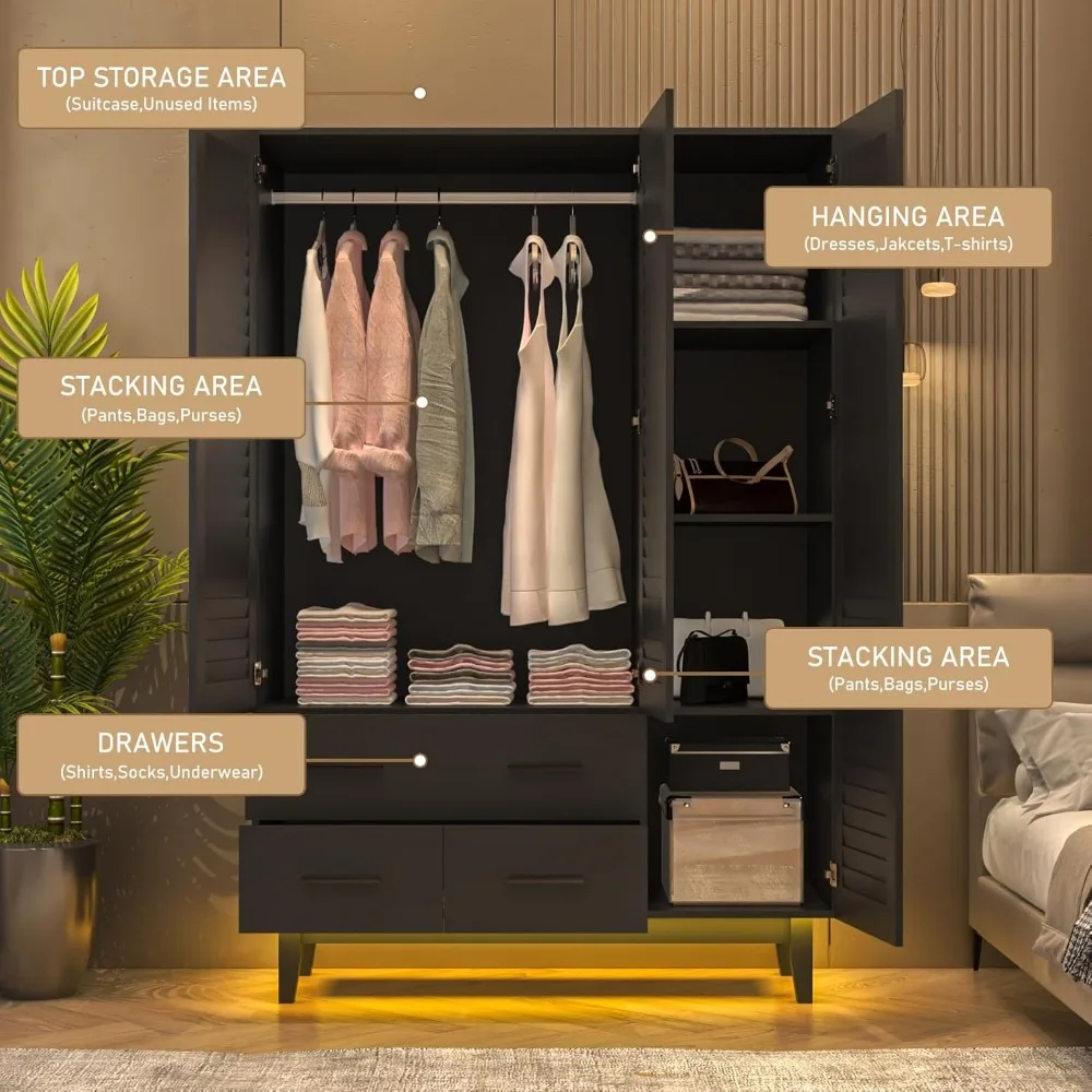 3 Door Armoire Wardrobe Closet Cabinet with Drawers and LED Lights, Multi-Tier Shelves, Hanging Rod & 3 Louver Doors 5
