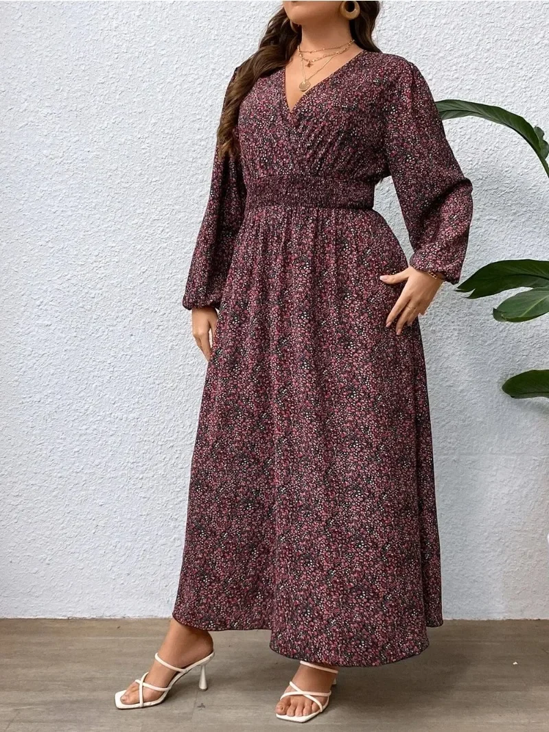 Full Size Printed V-Neck Lantern Sleeve Midi Dress