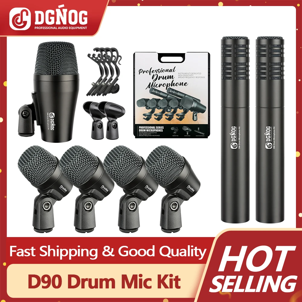 

D90 7 Piece Metal Wired Dynamic Drum Microphone Kit Kick Bass Tom Snare Drum Cymbal Mics for Performing Recording Drummers DGNOG