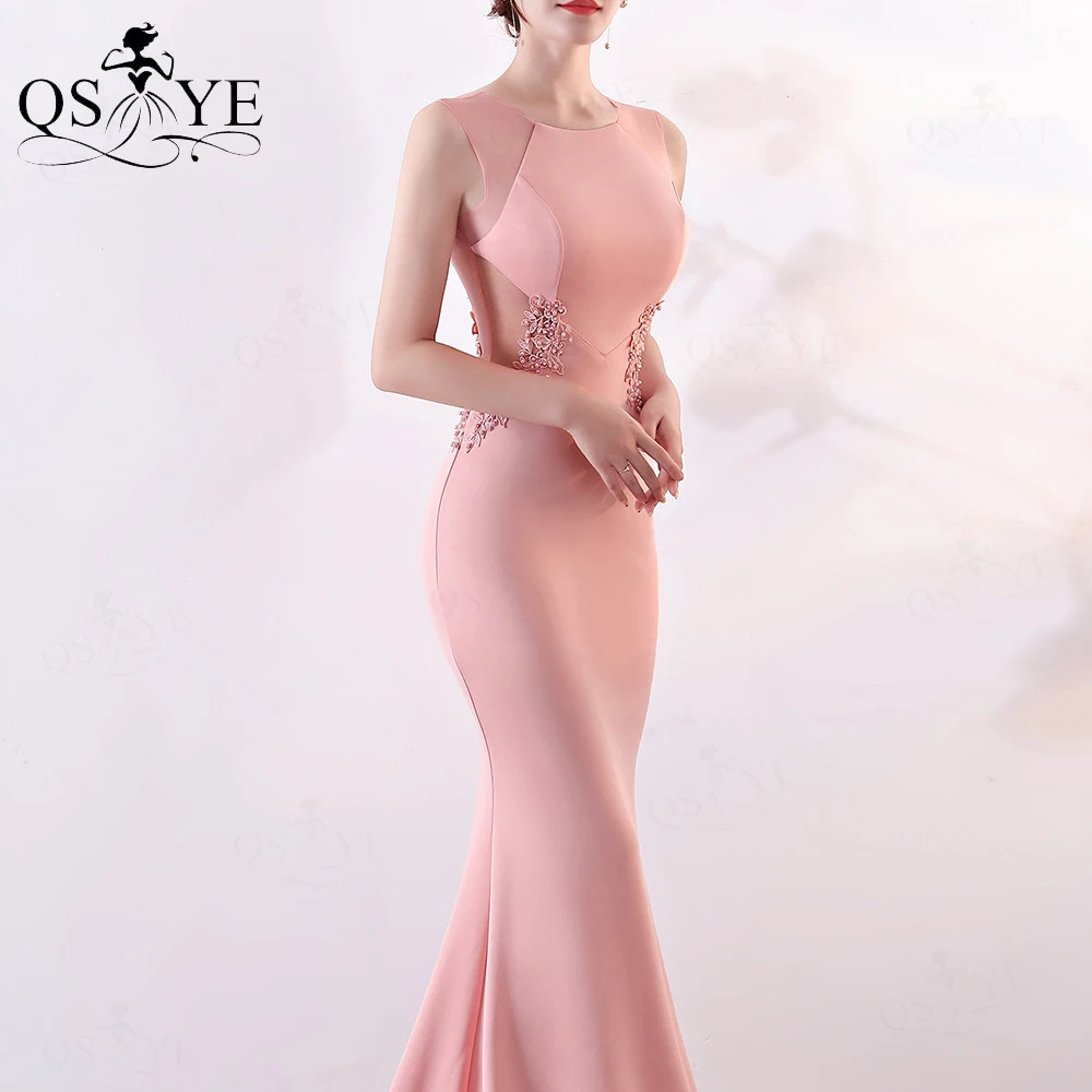 Pink Bridesmaid Dresses Illusion Waist Beaded Applique Lace Evening Prom Gown Sleeveless Long Fit Satin Formal Party Gown chic bridesmaid dresses