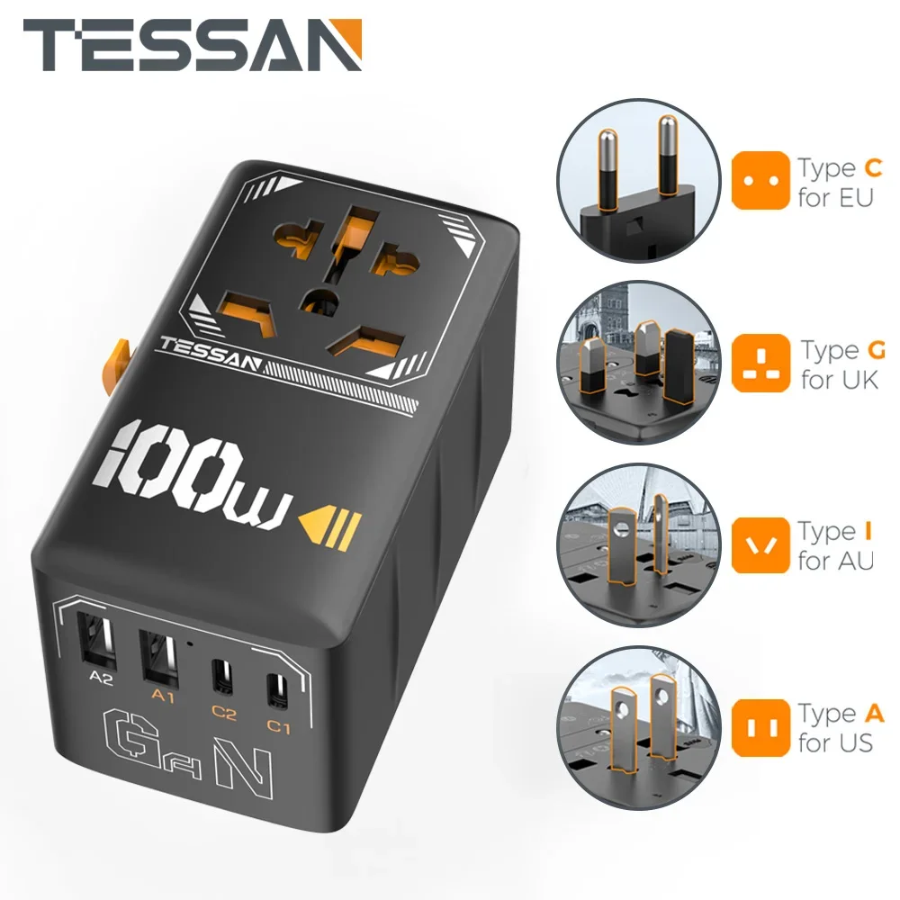 Adattatore Da Viaggio Universale Tessan – 1 Presa Per EU, USA, UK, AUS, Cina – Grigio