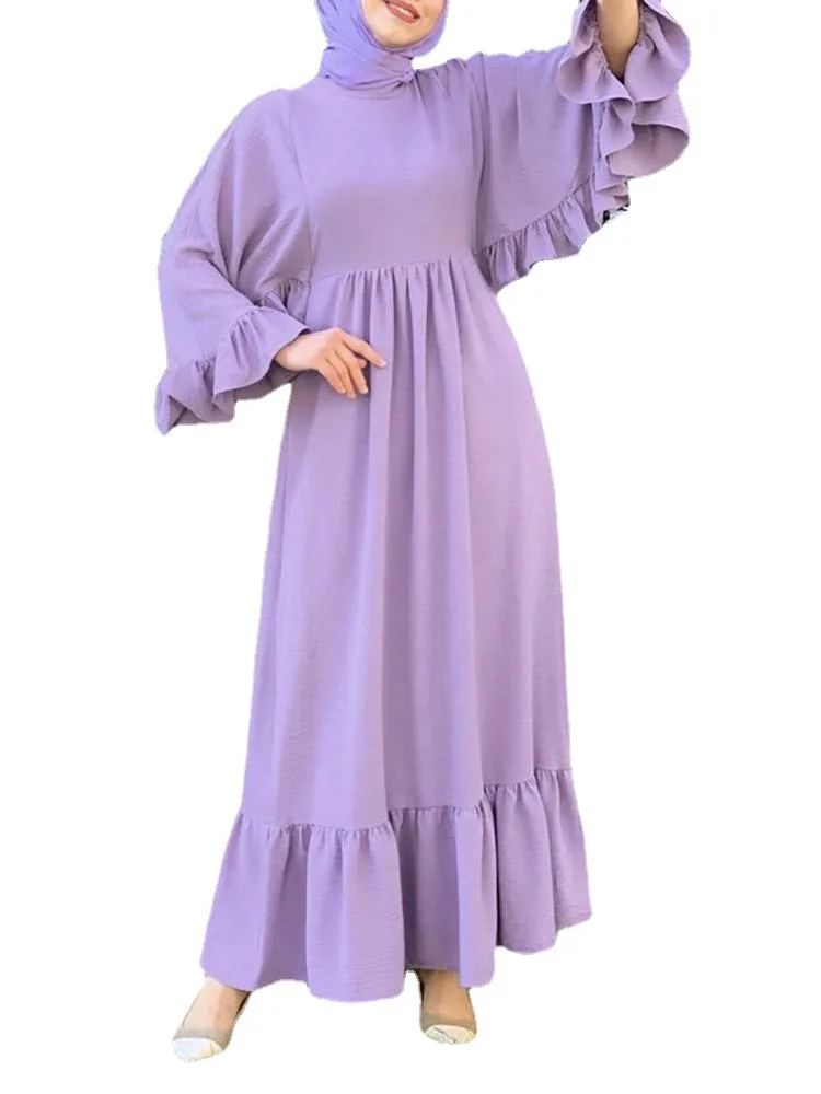 Muslim Middle East Women Dresses Turkey Dubai Loose Casual Female Robe Islam Eid Mubarak Solid Color Large Hem Ladies Robe