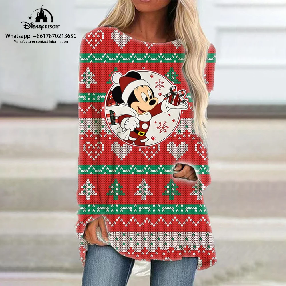 

Women's long-sleeved T-shirt 2022 Mickey Minnie T-shirt fashion Christmas 3d printing T-shirt women's casual round neck T-shirt