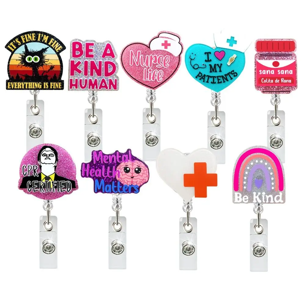 

Glitter Nurse Retractable Badge Reel Acrylic Cat Name Card Holder ID Card Clips Work Card Clips Hospital Badge Holder
