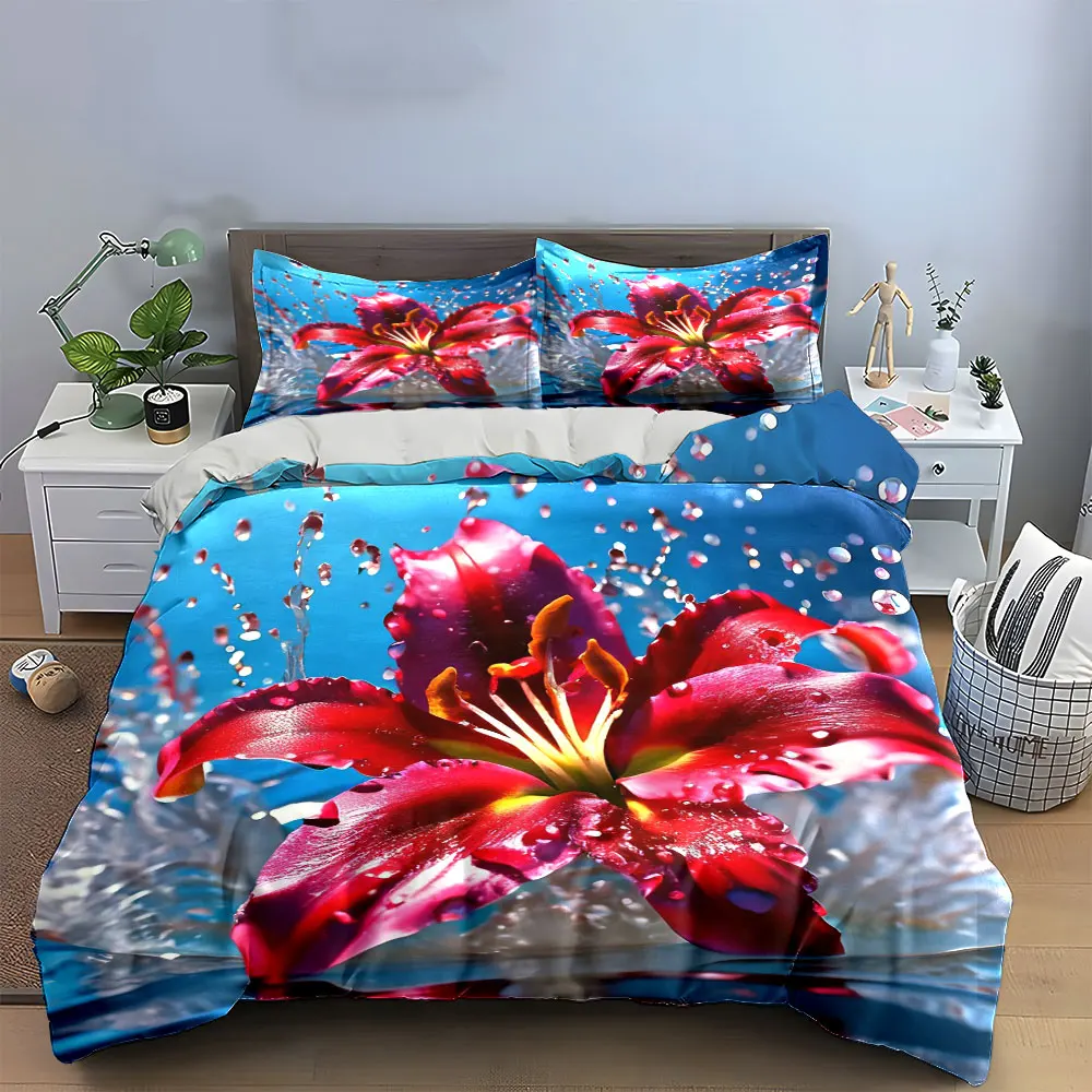 Luxury Red Lily Flower Bedding Set 3PCS Soft Polyester Duvet Cover Set with Water Splash Print Pillowcases for Home Decor 3