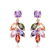  Women's Fashion Shiny Colorful Zircon Drop Earrings Multicolor CZ Stone Leaf Rose Gold Charming Dangle Earring Jewelry Best Gift 