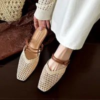Vintage Woven 1 Slip-on Toe Half Slippers Women's New Outwear French Fairy Style Thick Heel Holiday Shoes - Image 5