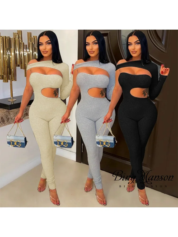 adogirl sexy club party 2 piece set woman solid mock neck long sleeve hollow out jumpsuit lace up halter strap bra slim outfits 2023 Women's Sexy Party Club Lace Up Open One Shoulder Long Sleeve Jumpsuit Tight Solid Color One Piece Set Street Apparel