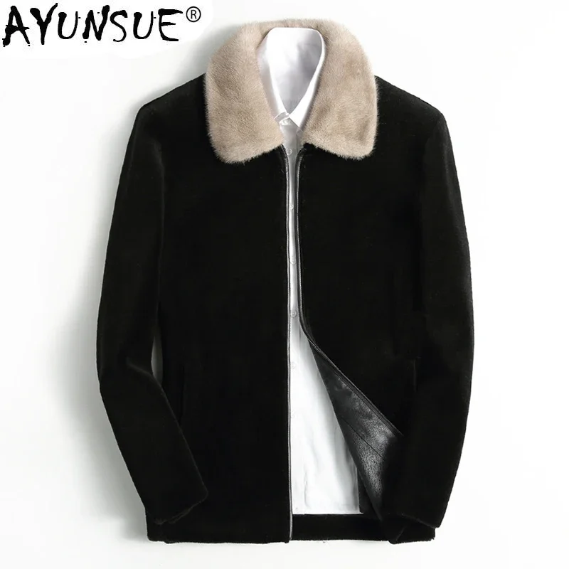 

AYUNSUE Autumn Winter Real Fur Coat Men Sheep Shearing 100% Wool Jacket Mink Fur Collar Korean Abrigo Hombre KFS19M207-1-J J3797