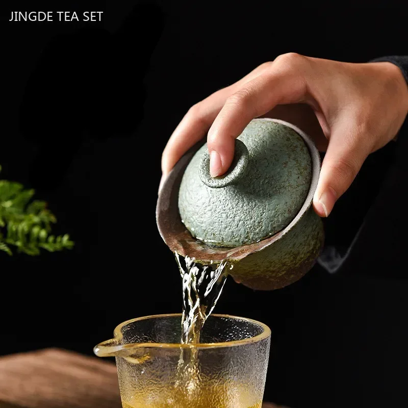 180ML Retro Coarse Pottery Three Gaiwan Household Kiln Change Ceramic Teacup Portable Beauty Tea Bowl Traditional Tea Set