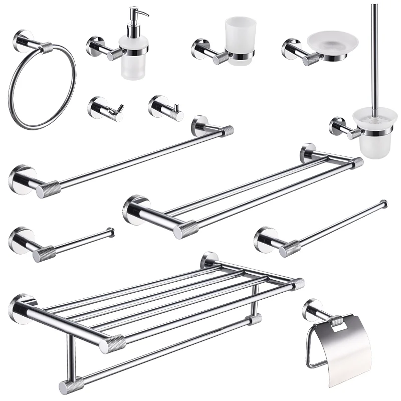Chrome 304Stainless Steel Knurling Wall Mount Shelf Toilet Paper Holder Towel Bar Rack Robe Hook Hanger Bathroom Accessories