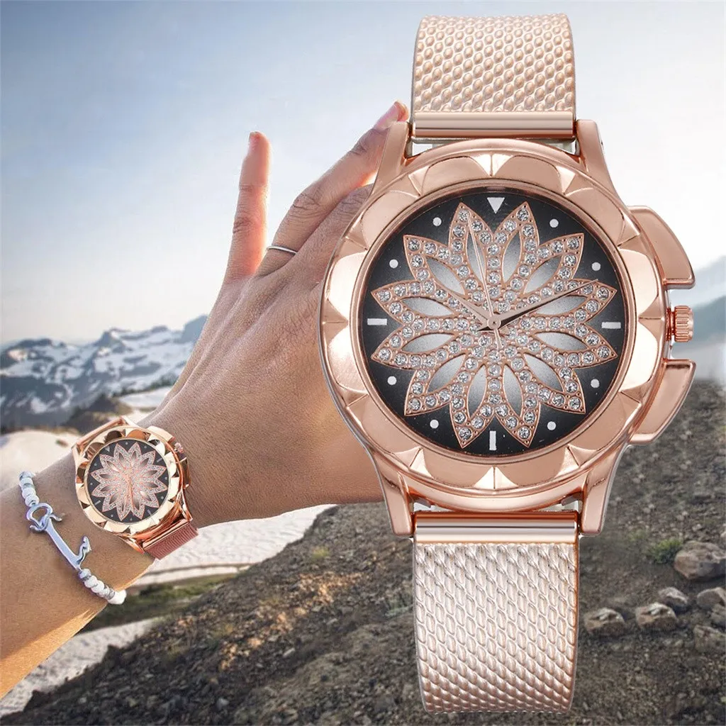 

Women Watches Rose Gold Fashion Ladies Steel mesh Belt Watch Flower Rhinestone Watches Wild Creative Gift for Women reloj
