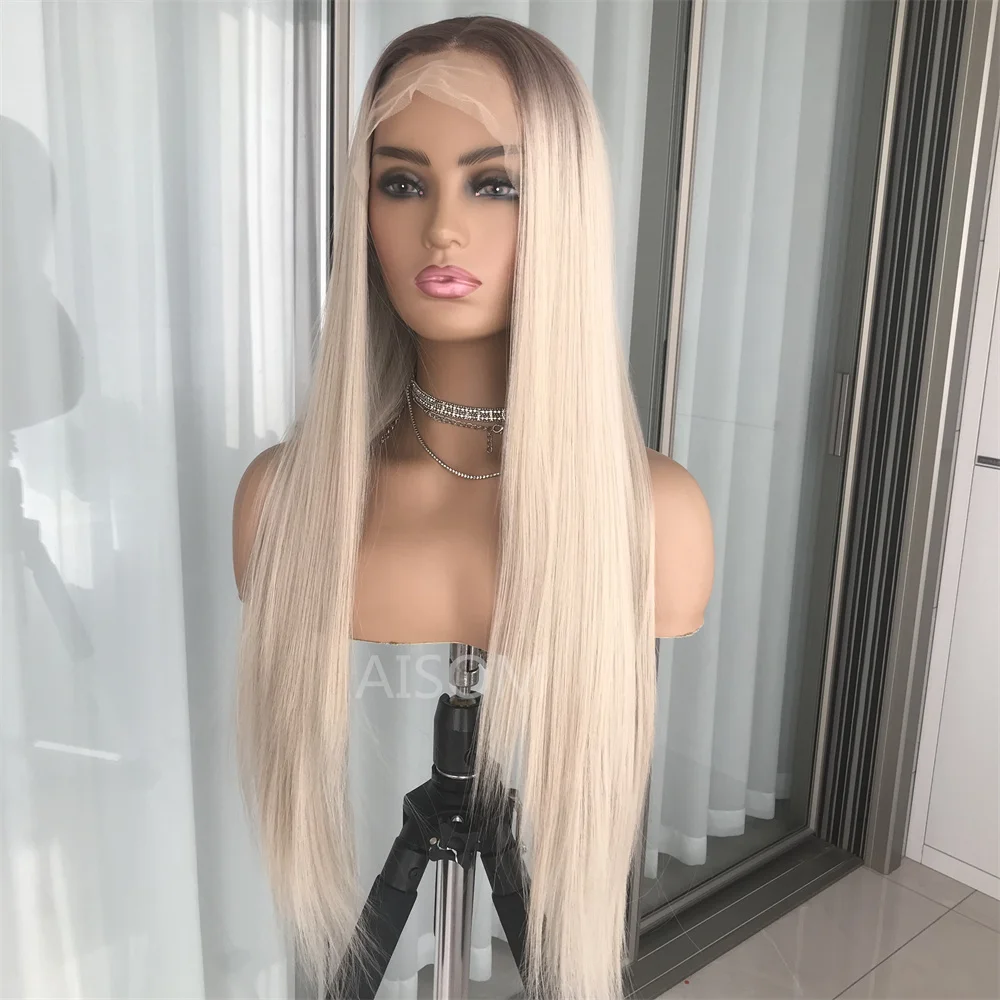 Platinum Ash Blonde Long Straight Lace Front Wig with Brown Roots Pre Plucked Heat Resistant Synthetic Daily Use lace front wig lace wigs womens synthetic wigs synthetic wigs