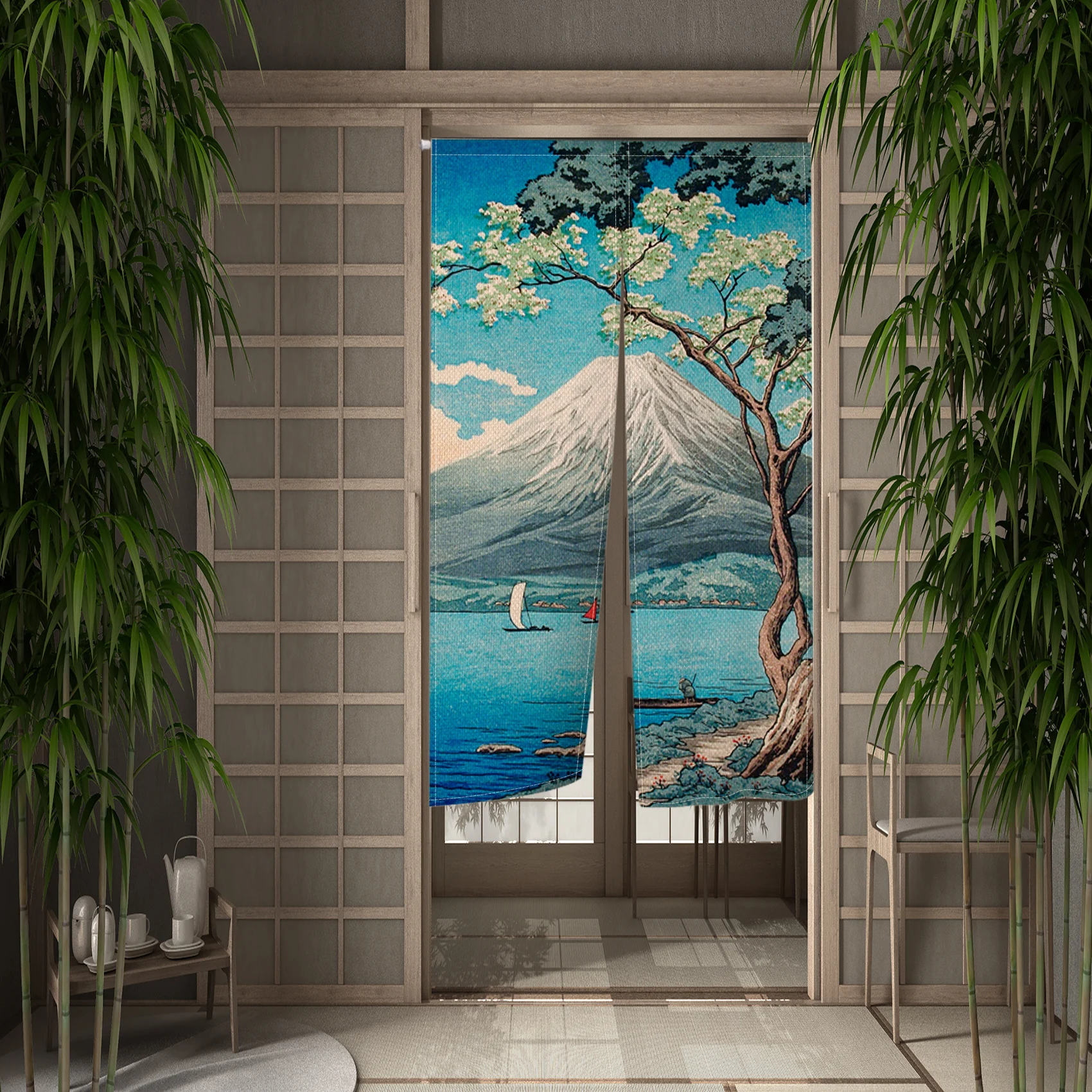 Ocean Waves Japanese Door Curtain Cherry Blossoms Doorway Curtains River Linen Drape Noren Restaurant Decor Hanging Half Curtain 4