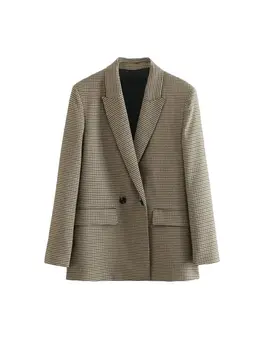 Women Fashion Double Breasted Plaid Blazer Coat Vintage Long Sleeve Flap Pockets Female Outerwear Chic Vestes Femme 1