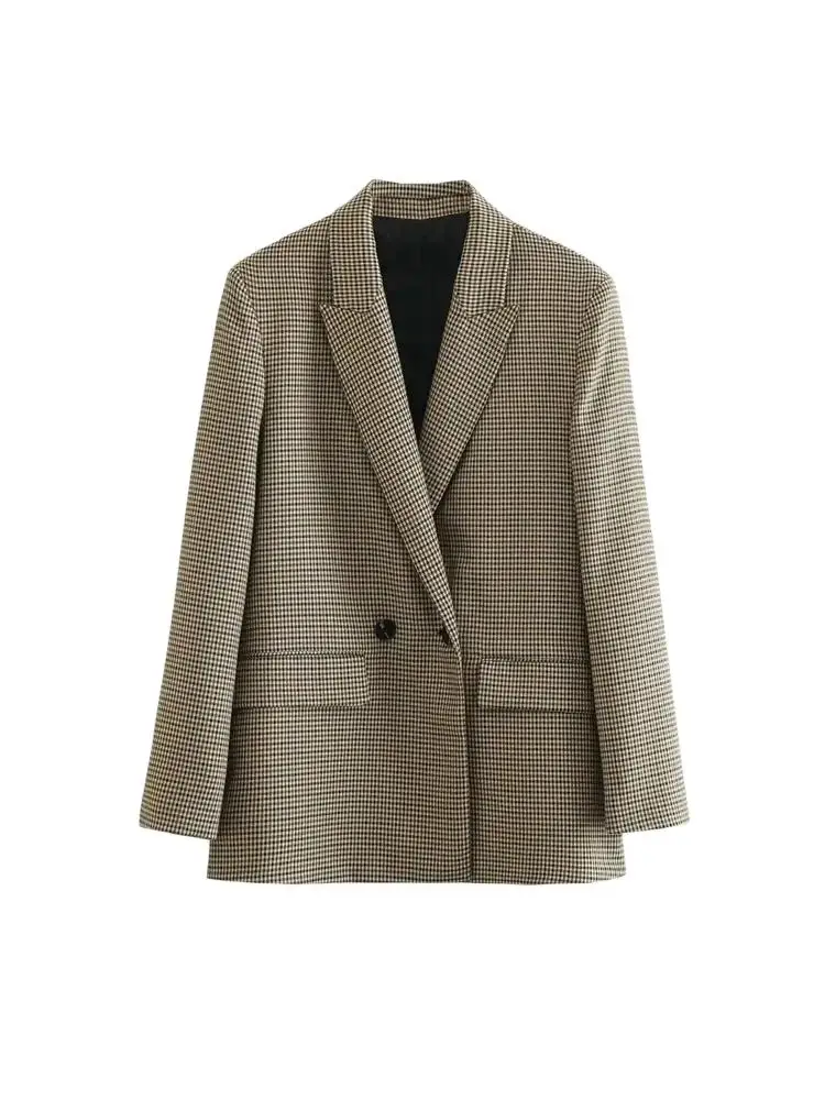 Women Fashion Double Breasted Plaid Blazer Coat Vintage Long Sleeve Flap Pockets Female Outerwear Chic Vestes Femme