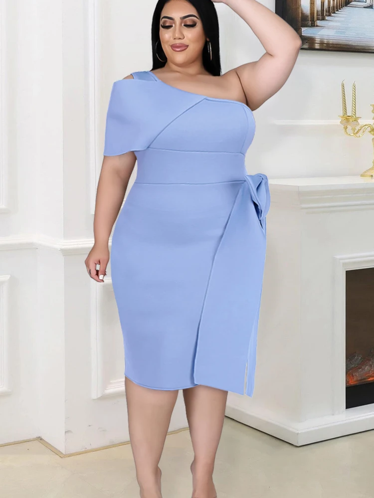 2023 Summer New Blue One Shoulder Irregular Bodycon Sheath Midi Length Club Sexy Pencil Dress with Bow for Women Large Size