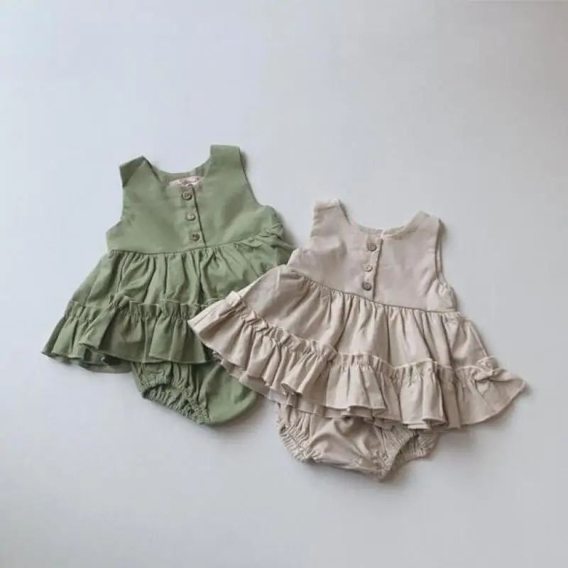 

2023 Summer New Children Sleeveless Clothes Set Baby Girl Linen Cute Ruffle Shirts Top + Pp Shorts 2pcs Suit Kids Casual Outfits