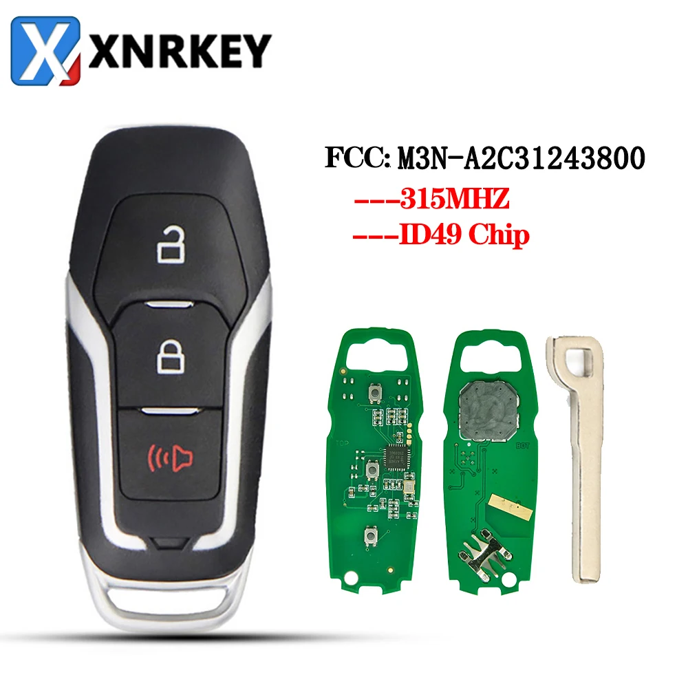 XNRKEY 3 Button Remote Car Key 315Mhz ID49Chip for Ford Edge Explorer Fusion 2015-2017 Car Key FCC: M3N-A2C31243800