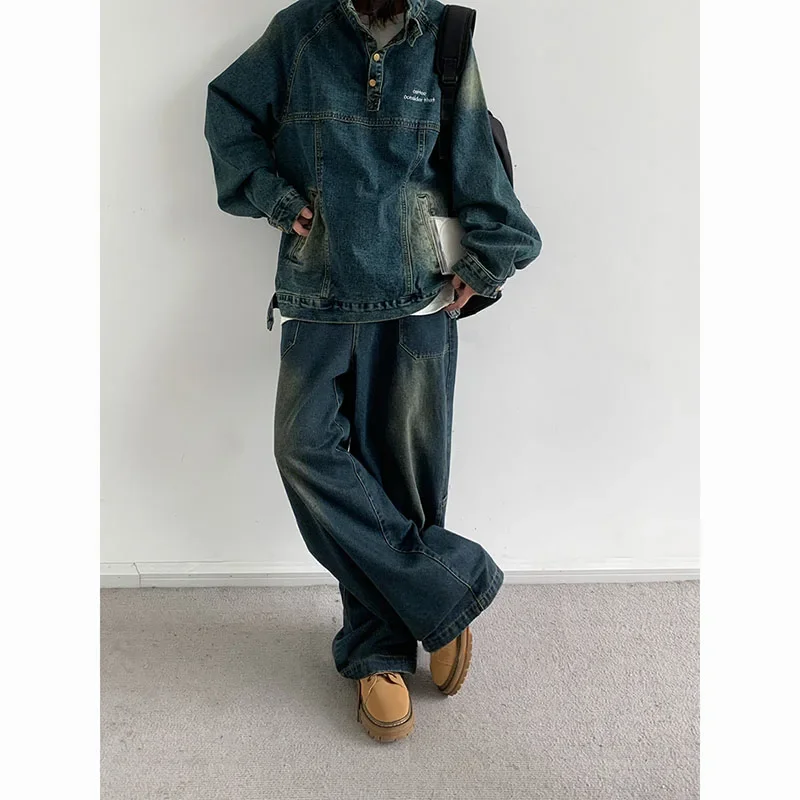 Hip Hop Street Denim Set Men Vintage Stand Collar Washed Denim Pullover+Harajuku Wide Leg Jeans 2-piece Japanese Couple Suit 6