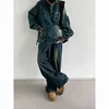 Hip Hop Street Denim Set Men Vintage Stand Collar Washed Denim Pullover+Harajuku Wide Leg Jeans 2-piece Japanese Couple Suit 6