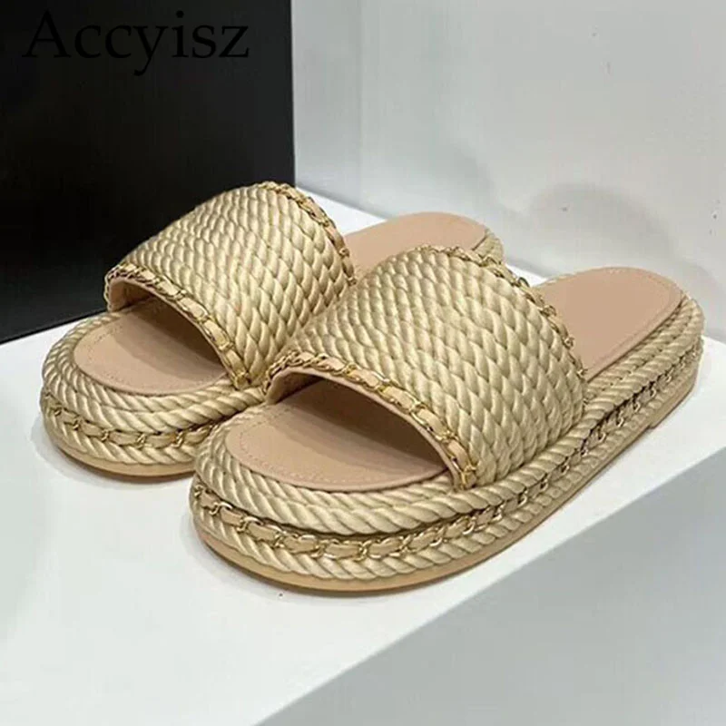 

New Spring Autumn Women Mix Color Round Open Toe Slippers Sandals Hemp Comfort Slides Fashion Outdoor Casual Lazyman Flat Shoes