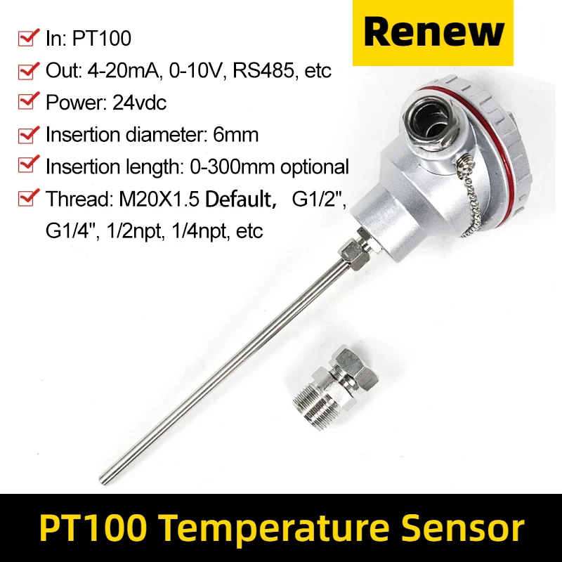 Pt100 입력 파이프 온도 센서, 용광로 열 저항 RTD, 차폐 와이어 포함