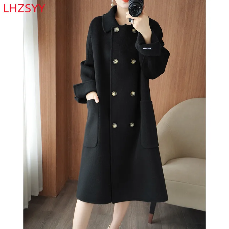 LHZSYY 여성용 양면 캐시미어 코트, 롱 재킷, 하이엔드 상의, 순수 울 가디건, 라지 사이즈 코트, 2022 가을 겨울 신상