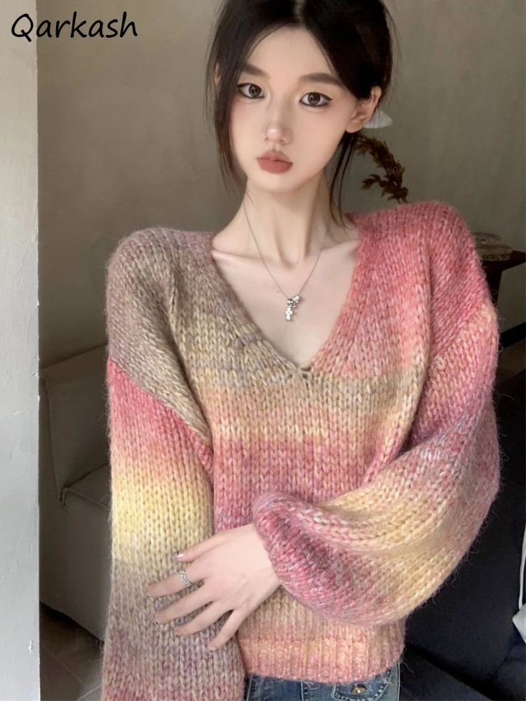 

Baggy Gradient Pullovers Women Cozy Y2k Ulzzang Cropped Winter Soft V-neck Harajuku Streetwear Gentle Sweaters Korean Fashion