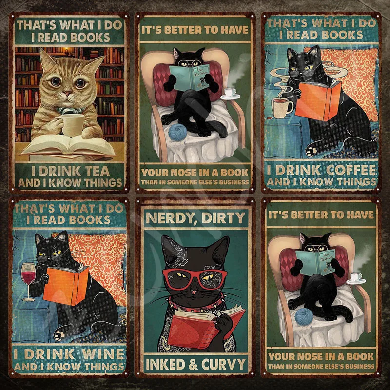 

Metal Sign Wall Decor Cat Is Reading Books and Drinking Coffee Vintage Tin Sign Funny Animal Metal Plate for Home Art Decoration