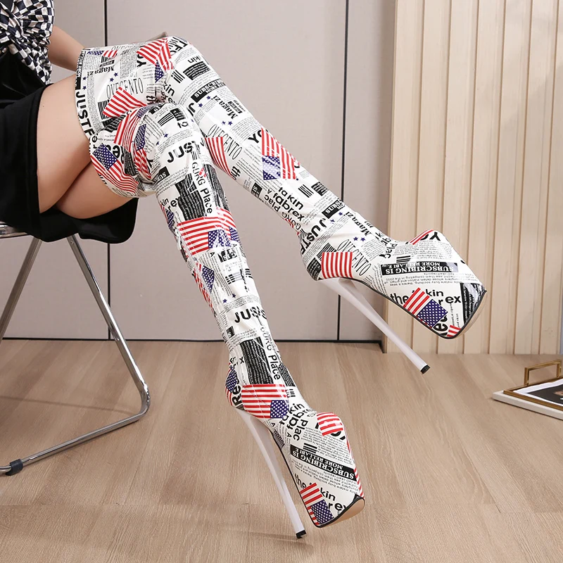 

Fashion 20cm Thin Heels Over The Knee Boots Platform Unisex Botas Mujer Ladies Pumps USA United States Flag Print Women Shoes