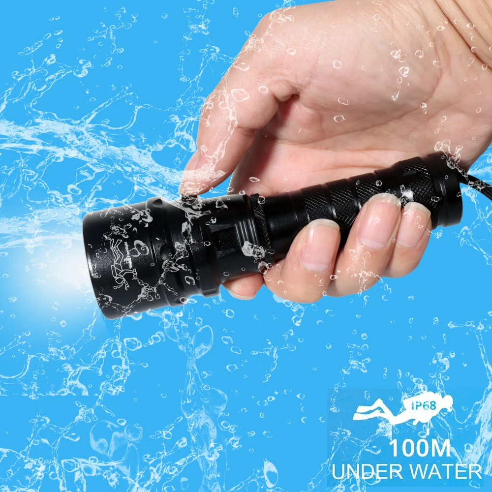 High power diving flashlight IP68 highest waterproof rating professional diving light powered by 18650 battery with hand rope