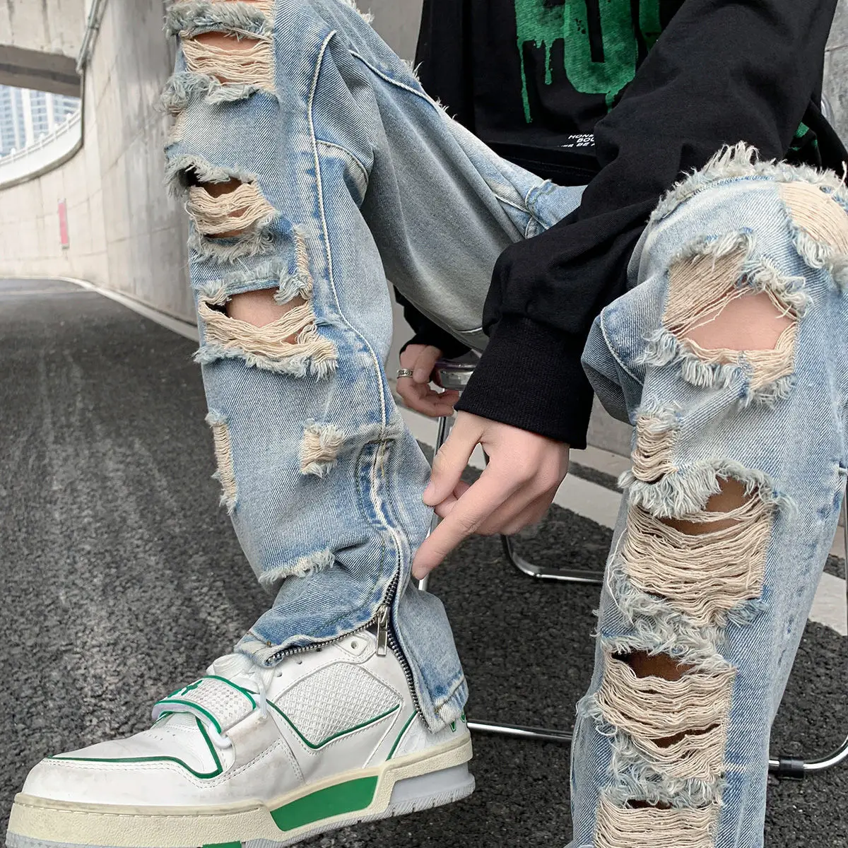 

Y2K retro ripped jeans men's spring American retro street gangster handsome pants niche design zipper slit straight pants