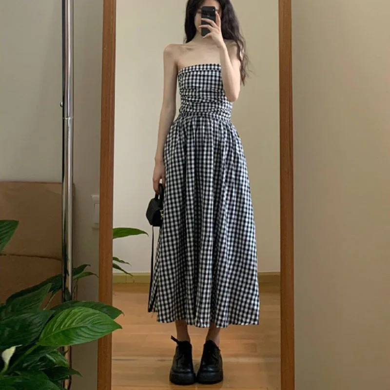 

Women Black White Grid Tube Top Dress Set Elegant Party Celebrate New Fashion Summer Female Evening A Line Long Dresses Vestidos