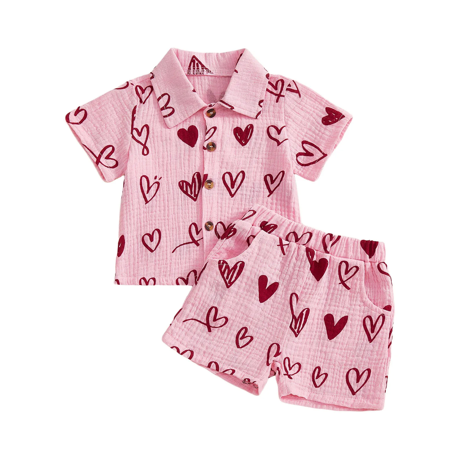 Toddler Boys Valentine’s Day Outfit Heart Print Short Sleeve Shirt with Elastic Waist Shorts Summer Outfit