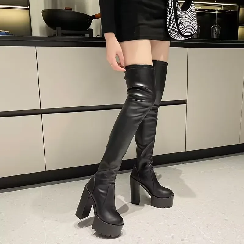 

Sexy Thigh High Boots Women Autumn Winter Elastic Leather Over-the-knee Boots For Women Black Heels Fetish Long Shoes zapatillas