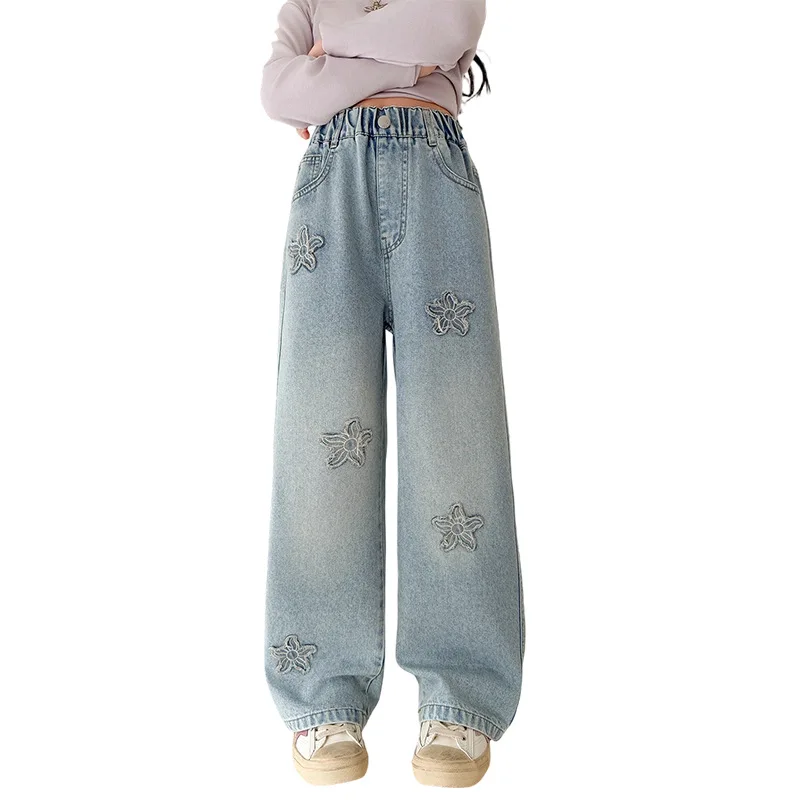 아메리칸 레트로 키즈 꽃무늬 아플리케가 있는 여아용 패션 밴딩 데님 팬츠 아동 와이드 레그 청바지